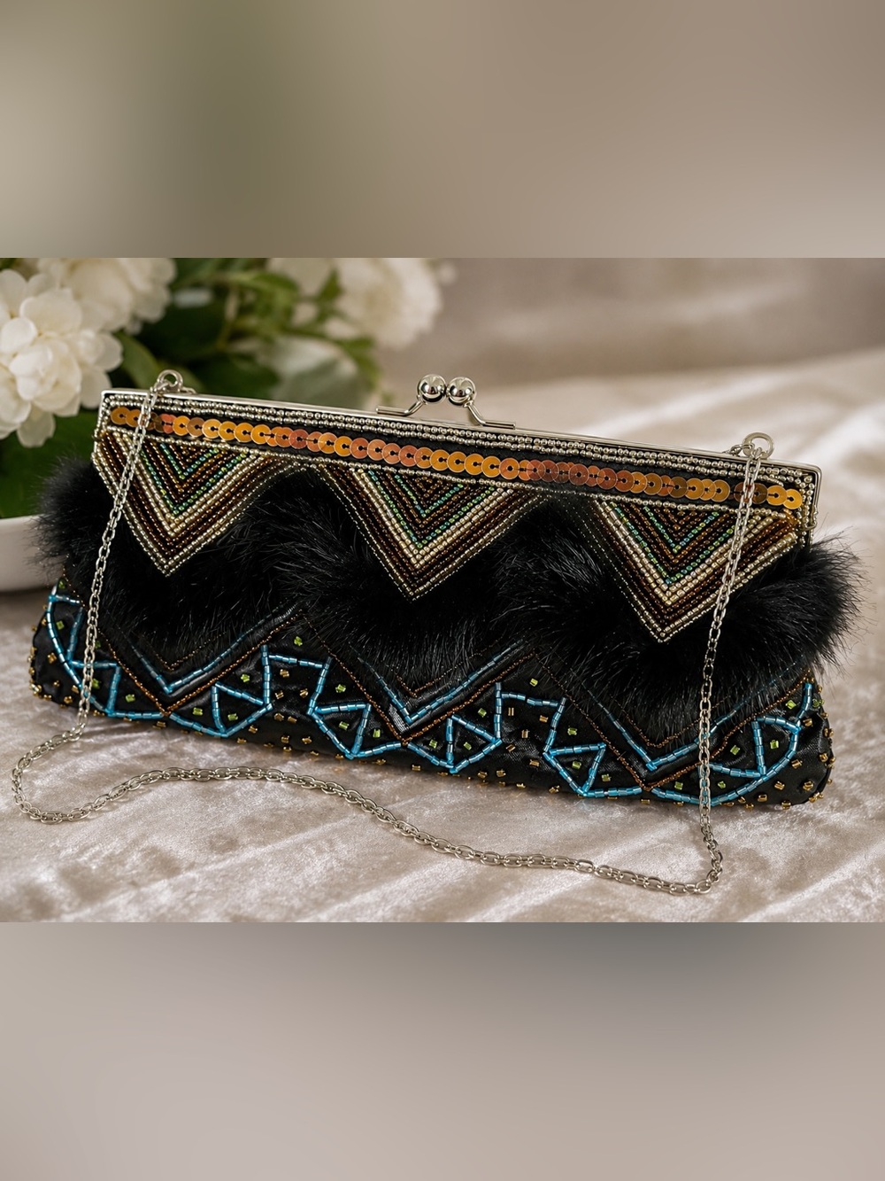 Vintage Style Beaded Satin Fur Evening Bag Clutch Silver Chain